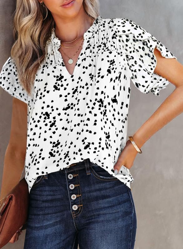 Women's Casual V Neck Alicia Floral Print Smocked Short Sleeve Chiffon Blouses Bohemian Top Shirts
