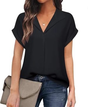 61EajNPdnPL._AC_SL1500_95557be1-2c5d-48d6-9b29-f81e81b00728 Women's Bat Wing V Neck Short Sleeve Chiffon Blouses for Office Work Business Attire Collared Casual Summer Shirts