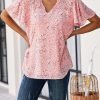 Women's Casual V Neck Floral Print Smocked Short Sleeve Chiffon Blouses Bohemian Top Shirts
