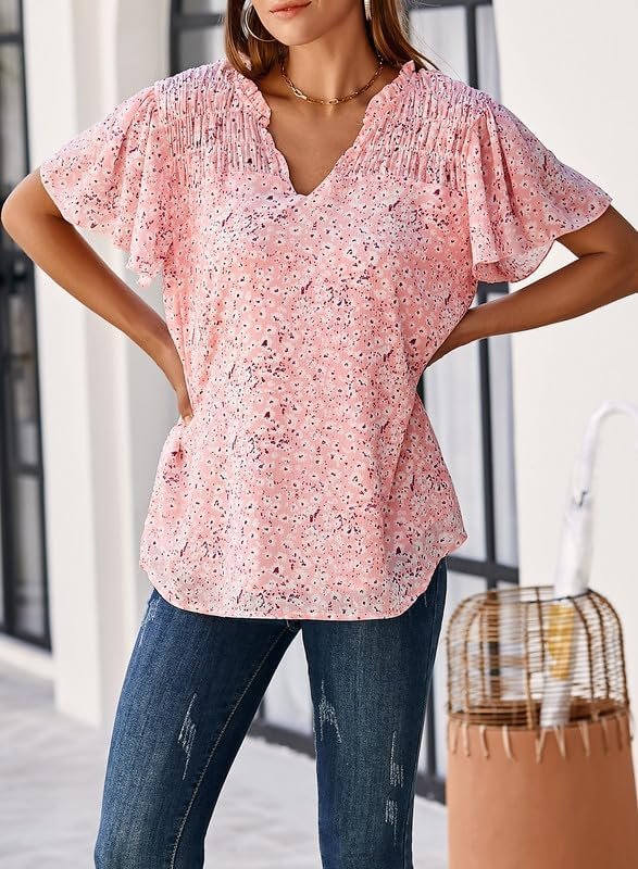 Women's Casual V Neck Floral Print Smocked Short Sleeve Chiffon Blouses Bohemian Top Shirts