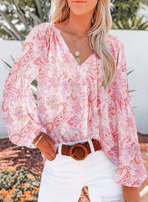 Women's Casual Boho Floral Print V Neck Long Sleeve T Shirt Blouses