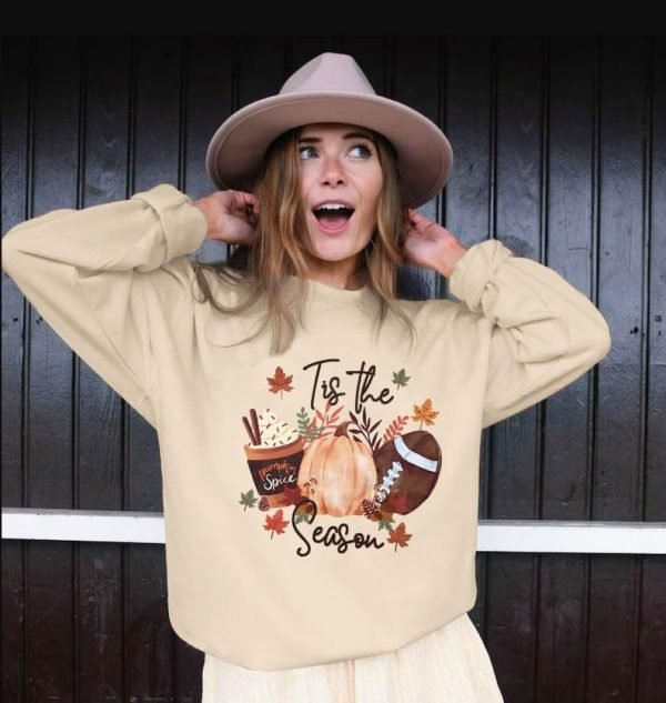 Tis the Season Fall Sweatshirt for Women Fall Football Long Sleeve Shirt Causal Autumn Pumpkin Pullover Tops