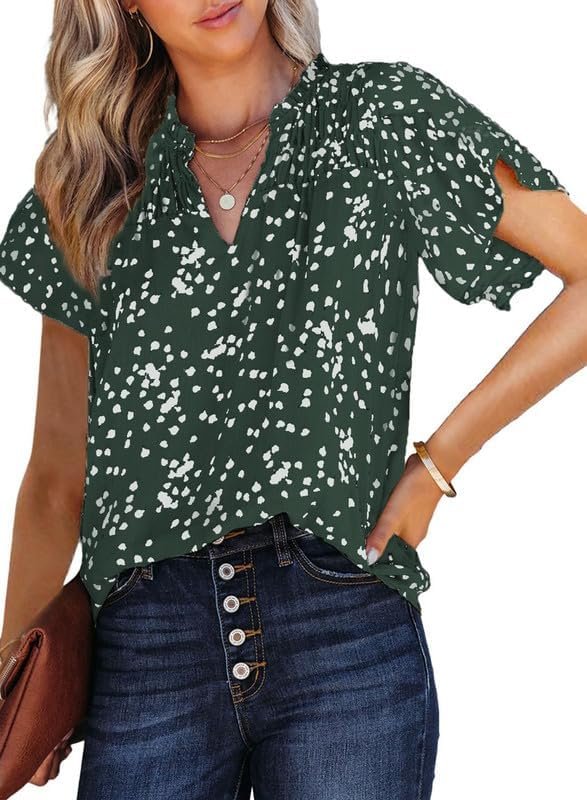 Women's Casual V Neck Alicia Floral Print Smocked Short Sleeve Chiffon Blouses Bohemian Top Shirts