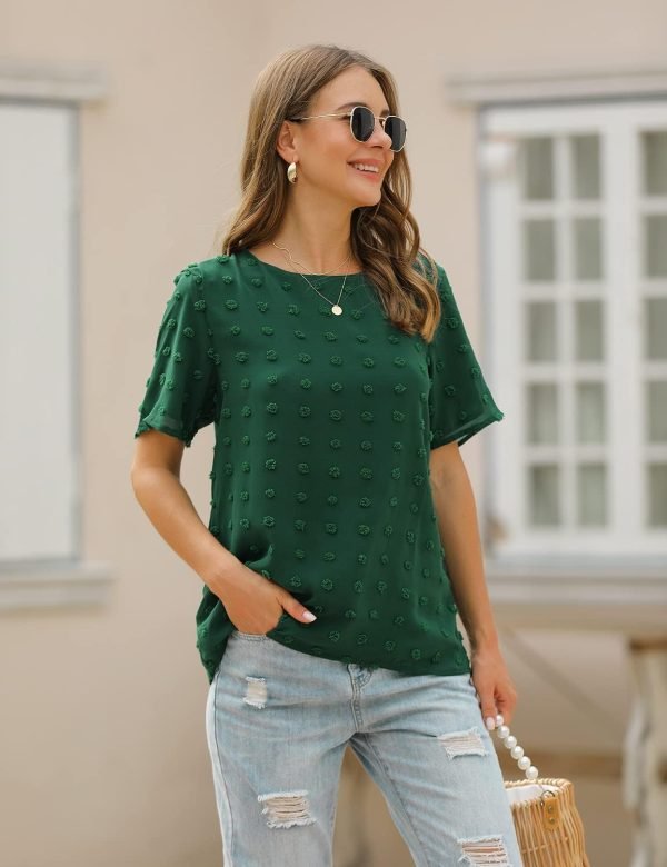 Womens Chiffon Blouse Summer Casual Round Neck Short Sleeve Pom Pom Shirts Top