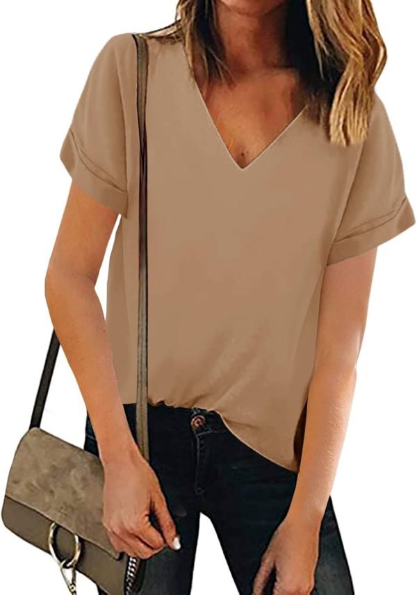Women V Neck Chiffon Blouse Short Sleeve Summer Casual Loose Shirt Tops