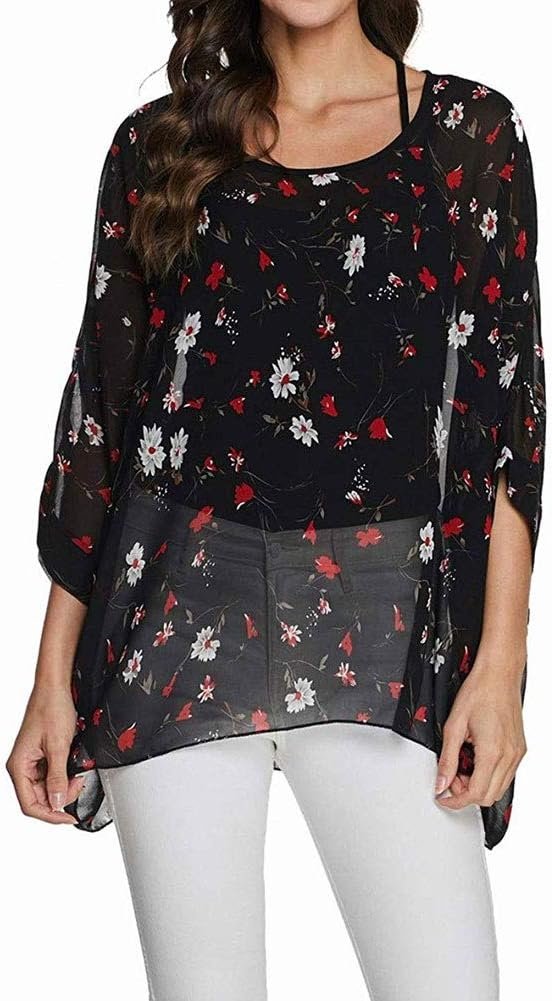 Women Chiffon Blouse Floral Batwing Sleeve Beach Cover Loose Tunic Shirt Tops