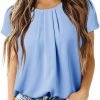 Women's Casual Round Neck Basic Pleated Tops Short Sleeve Loose Fit Curved Keyhole Back Chiffon Blouses Tshirts