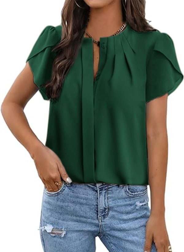Womens Summer Tops Button Down Crew Neck Short Sleeve Shirts Business Casual Loose Work Chiffon Blouses