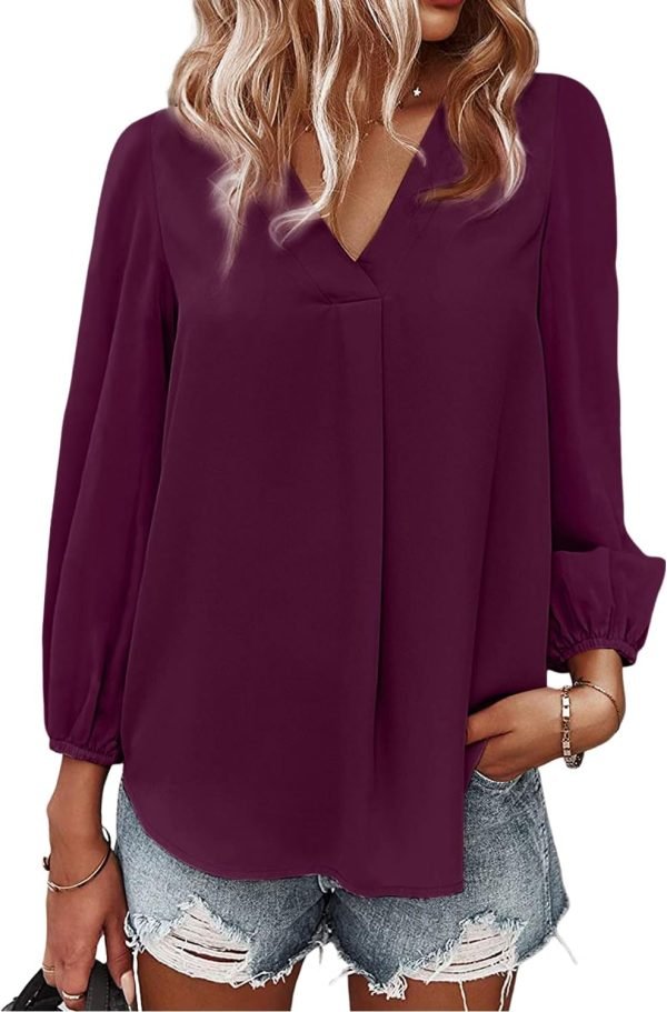 Women's Long Sleeve V Neck Shirt Dressy Pleated Top Casual Loose Chiffon Blouses