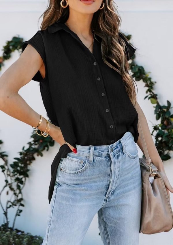 Women's V Neck Short Sleeve Button Down Shirts Casual Chiffon Blouses Tops