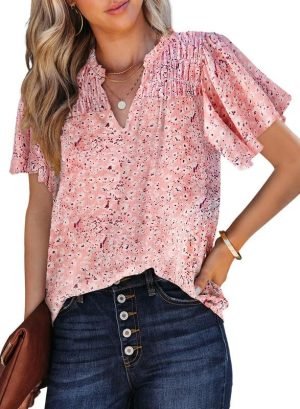 61IFmOQRyPL._AC Women's Casual V Neck Floral Print Smocked Short Sleeve Chiffon Blouses Bohemian Top Shirts