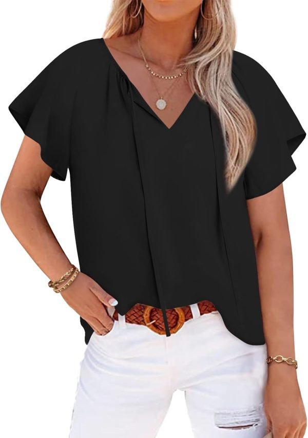 Womens 2024 Summer Tunic Tops Casual Short Sleeve Blouses V Neck Dressy Chiffon Boho Tshirts