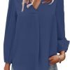 Women's Long Sleeve V Neck Shirt Dressy Pleated Top Casual Loose Chiffon Blouses