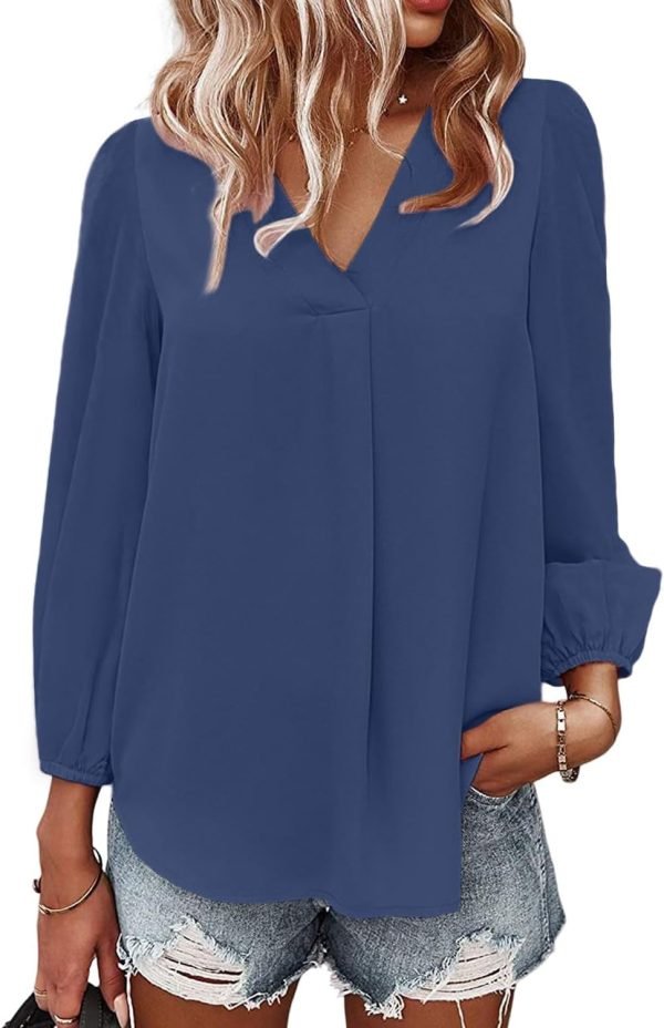 Women's Long Sleeve V Neck Shirt Dressy Pleated Top Casual Loose Chiffon Blouses