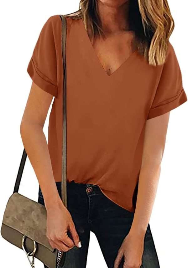 Women V Neck Chiffon Blouse Short Sleeve Summer Casual Loose Shirt Tops