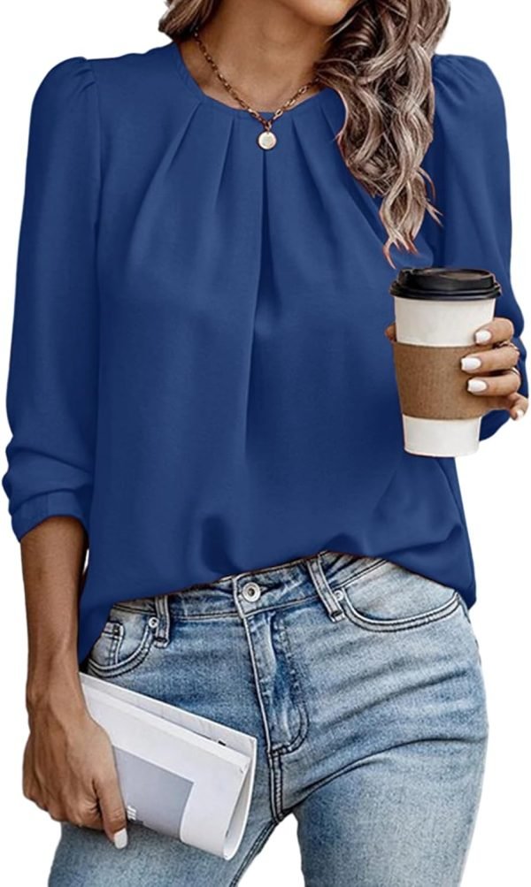 Womens Tops Dressy Casual Pleated Crew Neck Long Sleeve Shirts Office Work Chiffon Blouses