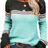 Women Autumn Winter Colorblock Pullover Sweaters Round Neck Striped Slim Fitting Knitwear Tops