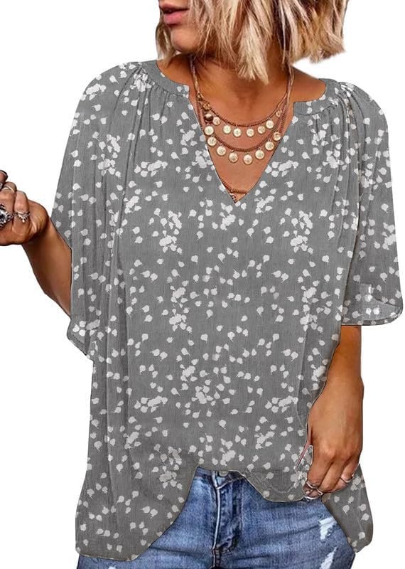 Womens Casual V Neck Loose 3/4 Bell Sleeve Chiffon Blouse Shirt Pleated Flowy Tunic Tops