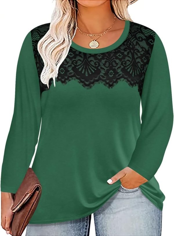 Plus Size Lace Tops for Women Long Sleeve Crewneck Pullover Fall T-shirts Tunics Basic Tees T-Shirts XL-5XL