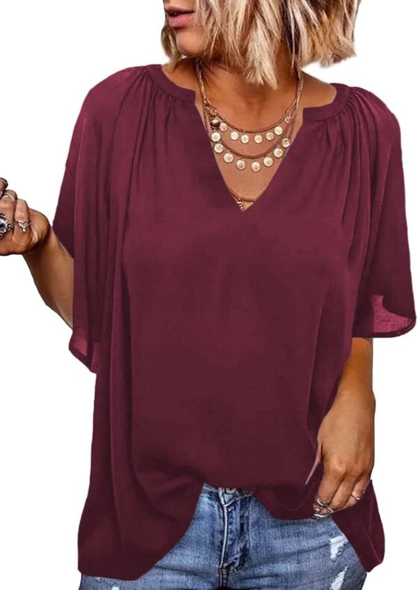 61JhS2TbH8L._AC_SL1500 Womens Chiffon Blouses Casual Solid Bell Sleeve Shirt Loose V Neck Pleated Tunic Tops