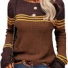 Women Autumn Winter Colorblock Pullover Sweaters Round Neck Striped Slim Fitting Knitwear Tops