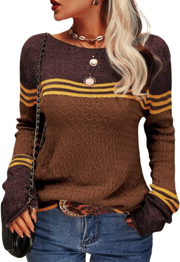 Women Autumn Winter Colorblock Pullover Sweaters Round Neck Striped Slim Fitting Knitwear Tops