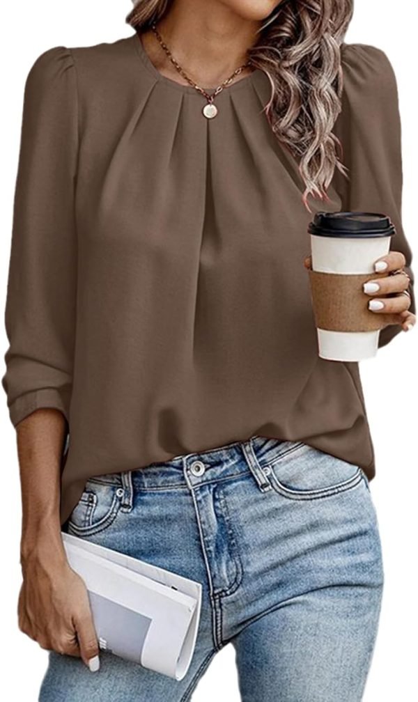 Womens Tops Dressy Casual Pleated Crew Neck Long Sleeve Shirts Office Work Chiffon Blouses