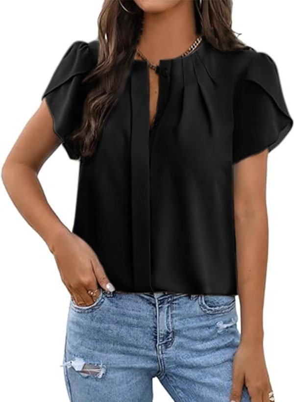 Womens Summer Tops Button Down Crew Neck Short Sleeve Shirts Business Casual Loose Work Chiffon Blouses