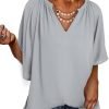 61KuQuB76SL._AC_SL1500 Womens Chiffon Blouses Casual Solid Bell Sleeve Shirt Loose V Neck Pleated Tunic Tops