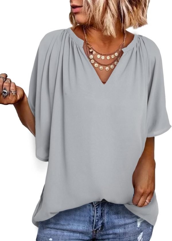 61KuQuB76SL._AC_SL1500 Womens Chiffon Blouses Casual Solid Bell Sleeve Shirt Loose V Neck Pleated Tunic Tops