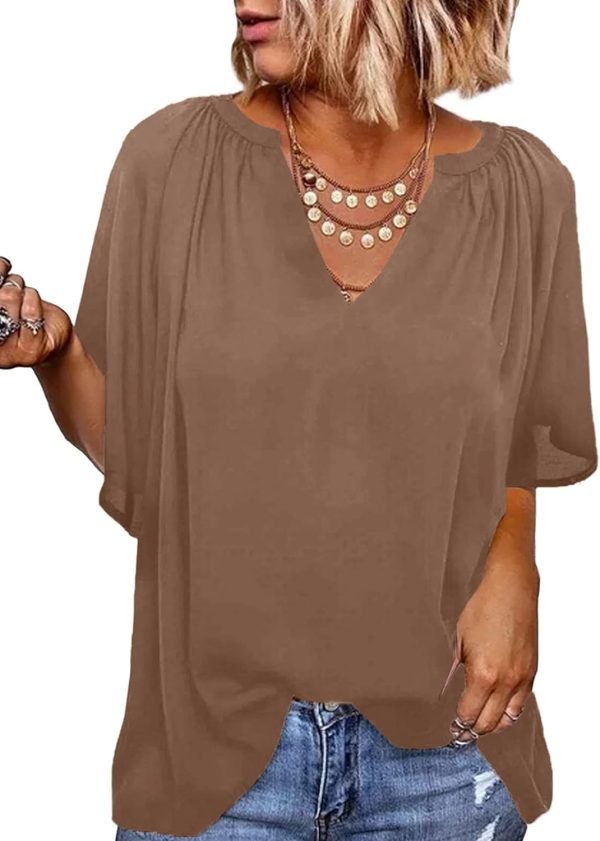 61LGSVZ_NJL._AC_SL1500 Womens Chiffon Blouses Casual Solid Bell Sleeve Shirt Loose V Neck Pleated Tunic Tops