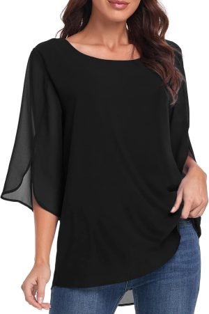 Womens Tops Dressy Casual Summer Chiffon Blouse 3/4 Sleeve Loose Mesh Tunic Shirts