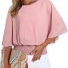 Womens Solid Short Sleeve Boat Crew Neck Chiffon Blouses 3/4 Sleeve Casual Dressy Shirts Batwing Dolman Top Tunic