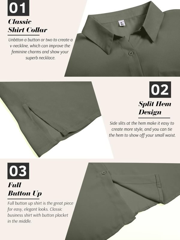 Women Chiffon Button Down Shirts with Pocket Short Sleeve Office Blouses V Neck Casual Business Tops Slim Fit Shirts