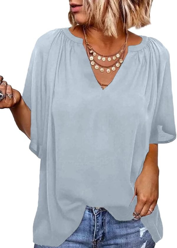 61MqZ01PKfL._AC_SL1500 Womens Chiffon Blouses Casual Solid Bell Sleeve Shirt Loose V Neck Pleated Tunic Tops