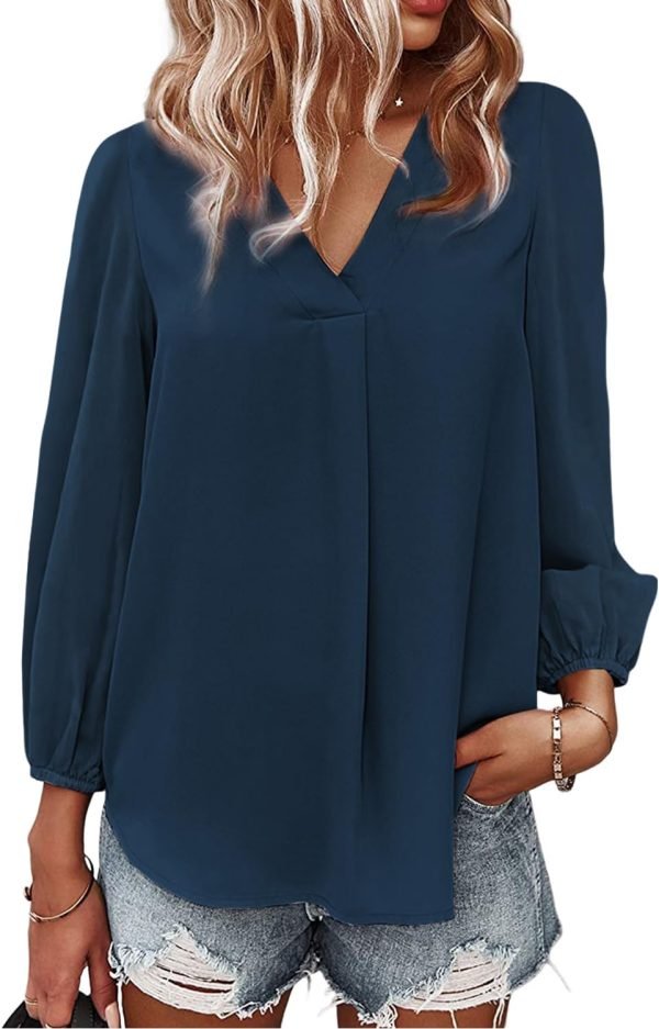 Women's Long Sleeve V Neck Shirt Dressy Pleated Top Casual Loose Chiffon Blouses