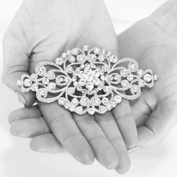 Vintage Bridal Crystal Brooch Pin, 4" Wide, Antique Silver Wedding Pin, Rhinestone Brooch for Brides and Wedding, Art Deco Fashion Accessory
