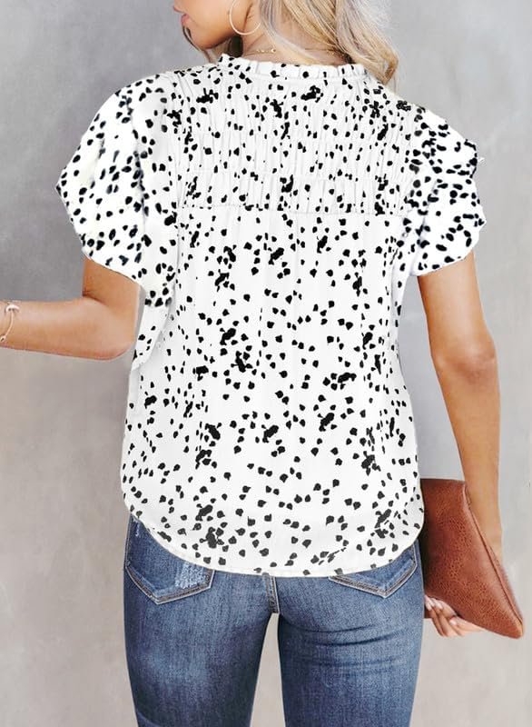 Women's Casual V Neck Alicia Floral Print Smocked Short Sleeve Chiffon Blouses Bohemian Top Shirts