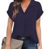 Women's Bat Wing V Neck Short Sleeve Chiffon Blouses for Office Work Business Attire Collared Casual Summer Shirts