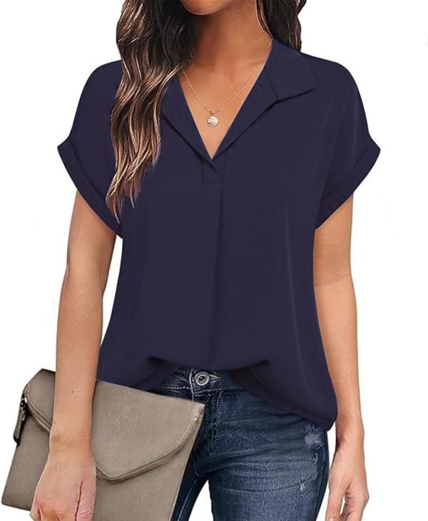 Women's Bat Wing V Neck Short Sleeve Chiffon Blouses for Office Work Business Attire Collared Casual Summer Shirts