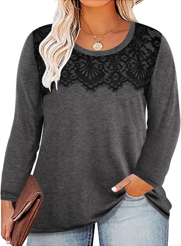 Plus Size Lace Tops for Women Long Sleeve Crewneck Pullover Fall T-shirts Tunics Basic Tees T-Shirts XL-5XL