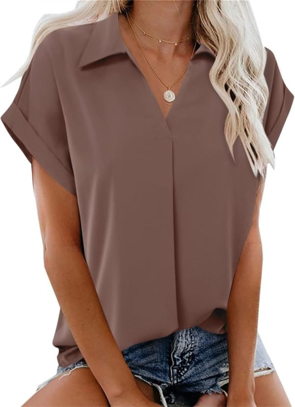 Women's Summer Work Blouse V Neck Short Sleeve Lapel Shirt Top Tunic