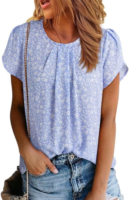 Women's Casual Round Neck Basic Pleated Tops Short Sleeve Loose Fit Curved Keyhole Back Chiffon Blouses Tshirts