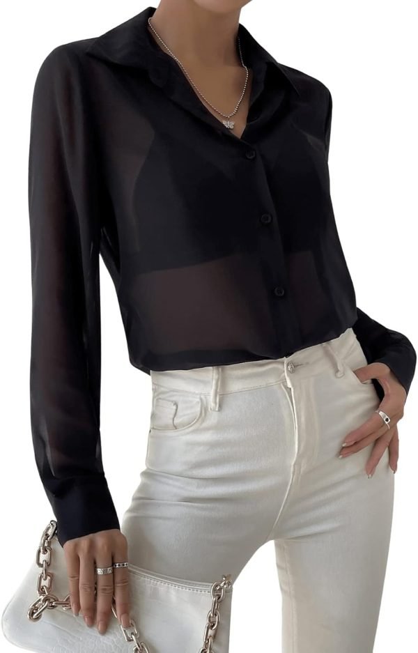 61RStEMlZ5L._AC_SL1500 Women's Sheer Mesh Button Up Shirt Long Sleeve See Through Blouse