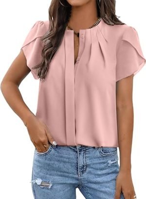 Womens Summer Tops Button Down Crew Neck Short Sleeve Shirts Business Casual Loose Work Chiffon Blouses