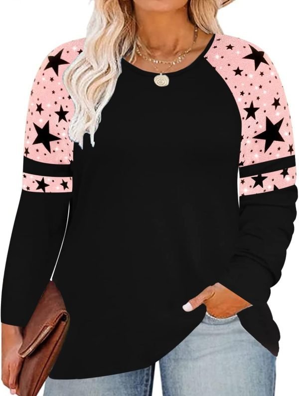 Plus Size T Shirt for Women Long Sleeve Raglan Tops Tee Shirts Color Block Top Leopard Plaid Print XL-5XL 14W-28W