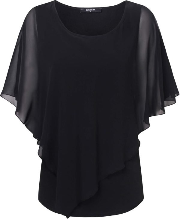 Women's Lightweight Flowy Shirt Double-Layered Printed Chiffon Poncho Blouse Top