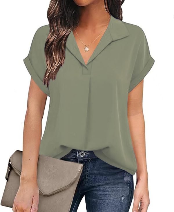 Women's Bat Wing V Neck Short Sleeve Chiffon Blouses for Office Work Business Attire Collared Casual Summer Shirts