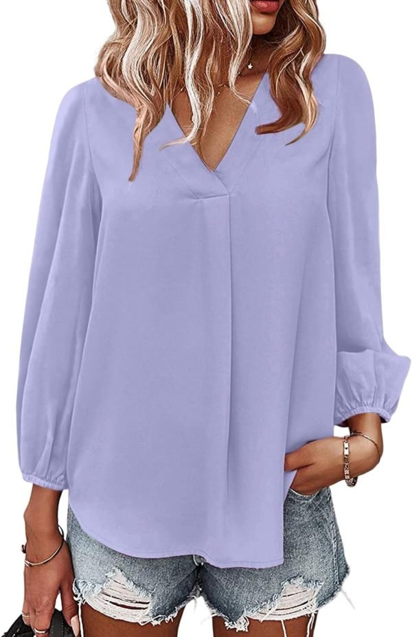 Women's Long Sleeve V Neck Shirt Dressy Pleated Top Casual Loose Chiffon Blouses