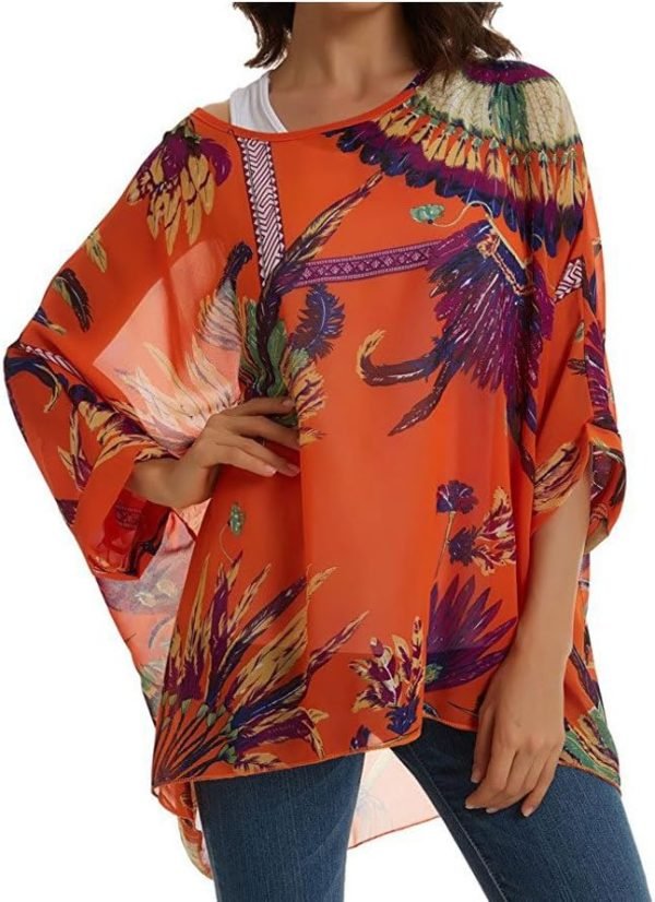 Women Chiffon Blouse Floral Batwing Sleeve Beach Cover Loose Tunic Shirt Tops